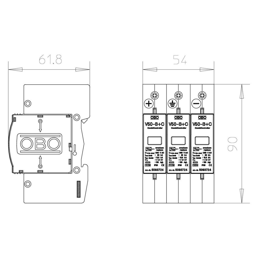 Обмежувач перенапруг OBO Bettermann Тип I+II V25-B+C 3-PH900 (5097447) — изображение 2